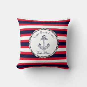 Nautical Anchor Navy Blue White Red stripes Throw Pillow