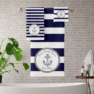 Nautical Anchor Navy Blue White stripes Bath Bat Towel Set