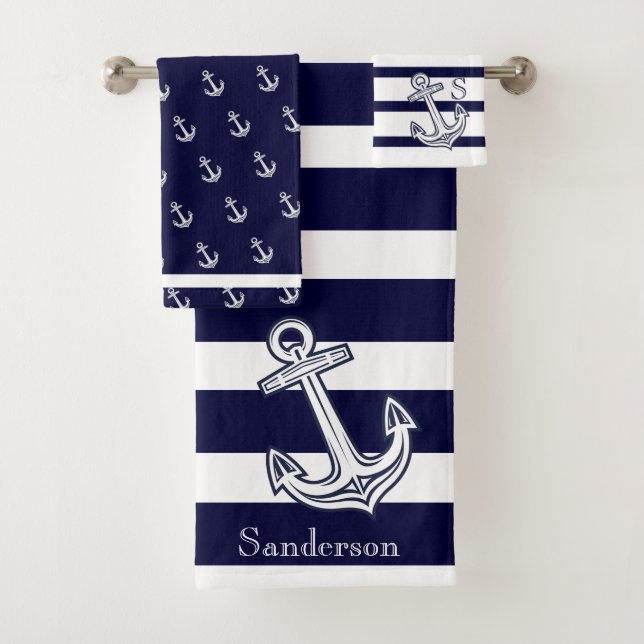Nautical Anchor Navy Blue White  stripes   Bath Towel Set (Insitu)
