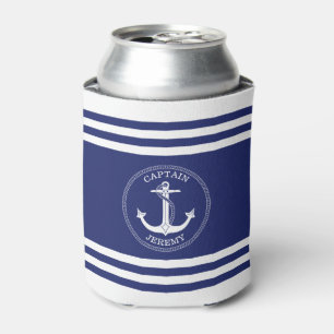 Nautical Anchor Navy Blue White Stripes Monogram Can Cooler