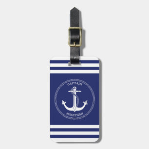 Nautical Anchor Navy Blue White Stripes Monogram Luggage Tag