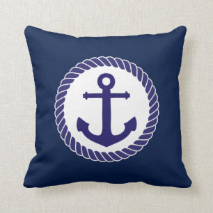 Nautical Anchor Navy Blue White Throw Pillow
