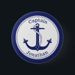 Nautical Anchor Navy Captain Personalized 2 Inch Round Button<br><div class="desc">This nautical design has a navy blue anchor with a circular rope border and navy blue around the edge.   Navy blue text above the anchor reads "Captain".  Text below is a name for you to personalize.</div>