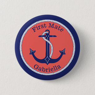 Nautical Anchor Navy Coral First Mate Personalized 2 Inch Round Button