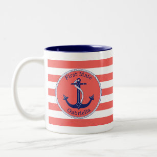 Nautical Anchor Navy Coral First Mate Personalized Two-Tone Coffee Mug