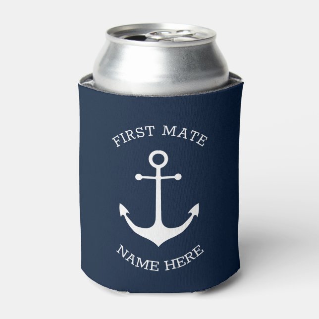 Nautical anchor navy Custom Boat name First Mate Can Cooler (Can Front)