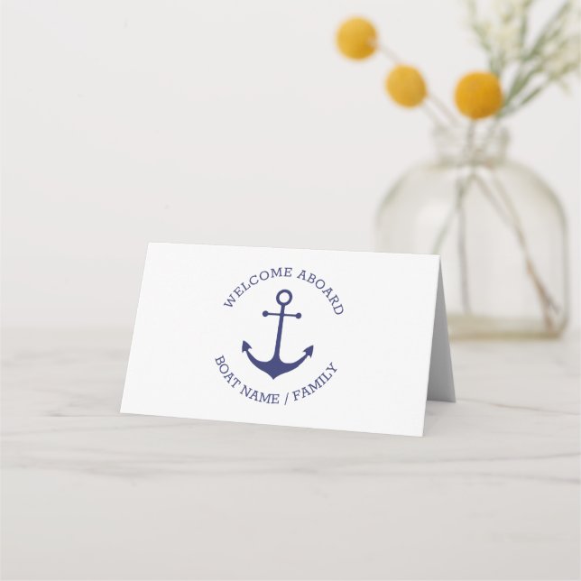 Nautical anchor navy Custom name Welcome Aboard Place Card (Front)