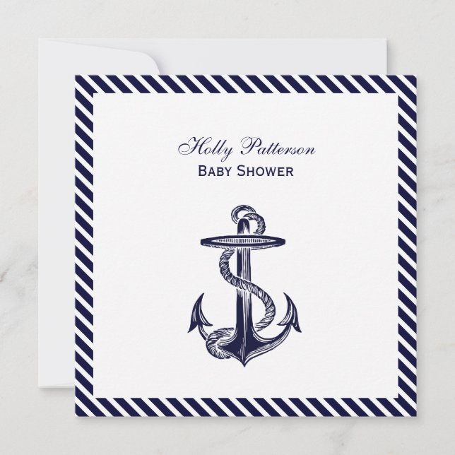 Nautical Anchor Navy Diag Stripe 2SQ Baby Shower Invitation (Front)