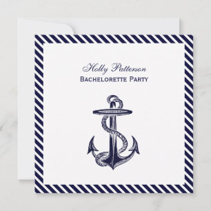 Nautical Anchor Navy Diag Stripe 2SQ Bachelorette Invitation