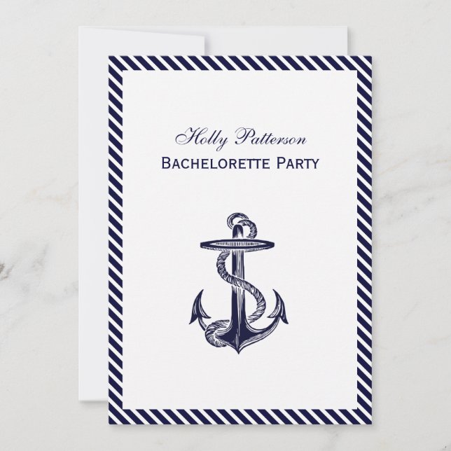 Nautical Anchor Navy Diag Stripe 2V Bachelorette Invitation (Front)