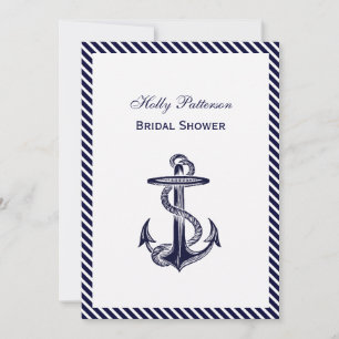 Nautical Anchor Navy Diag Stripe 2V Bridal Shower Invitation