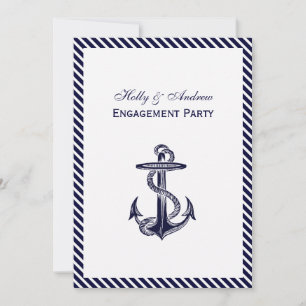 Nautical Anchor Navy Diag Stripe 2V Engagement Invitation