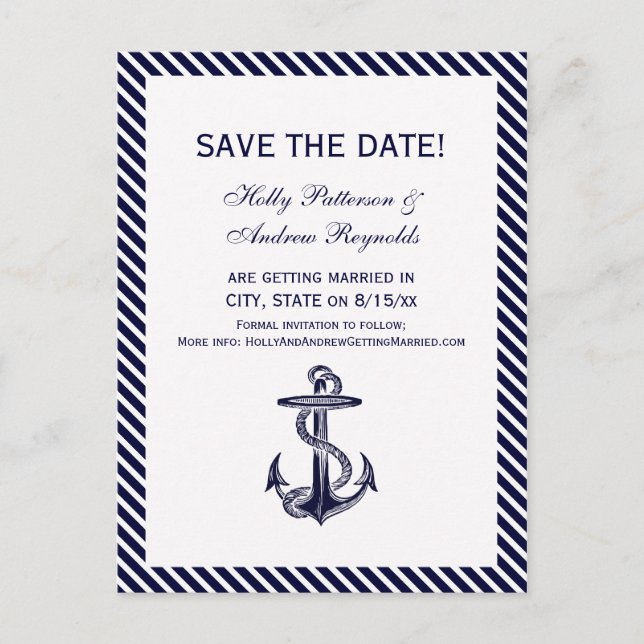 Nautical Anchor Navy Diag Stripe 2V Save the Date Announcement Postcard (Front)