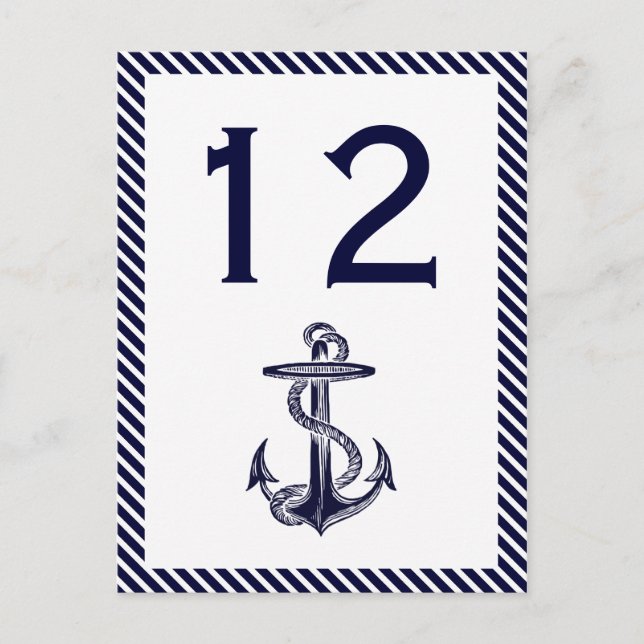 Nautical Anchor Navy Diag Stripe 2V Table Number Postcard (Front)