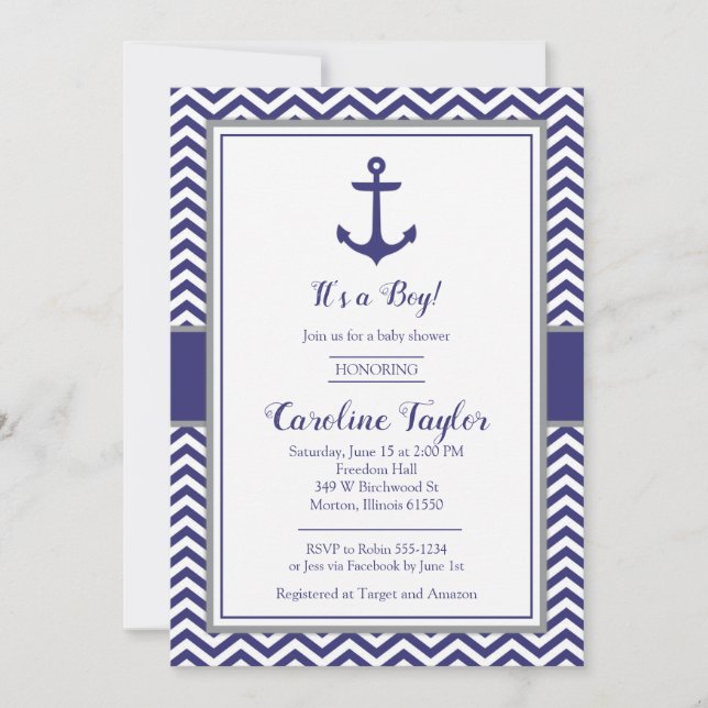 Nautical Anchor Navy Grey Baby Shower Invitation (Front)