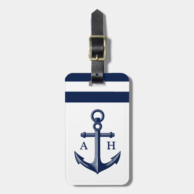 Nautical Anchor Navy Monogram Luggage Tag (Front Vertical)