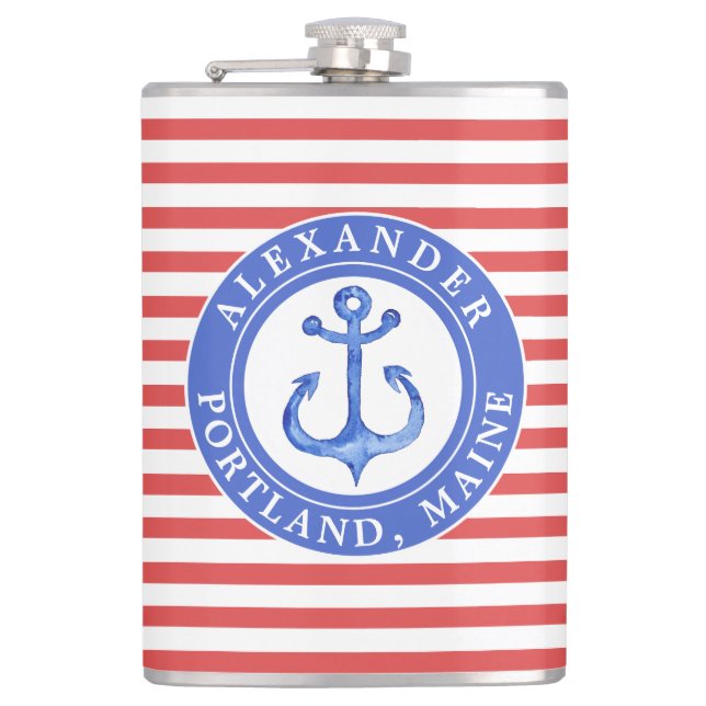Nautical Anchor Navy Personalized Red Hip Flask (Front)