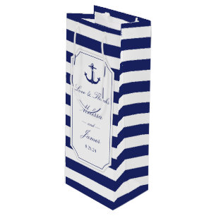 Nautical Anchor Navy Stripe Love Thanks Wedding Wine Gift Bag