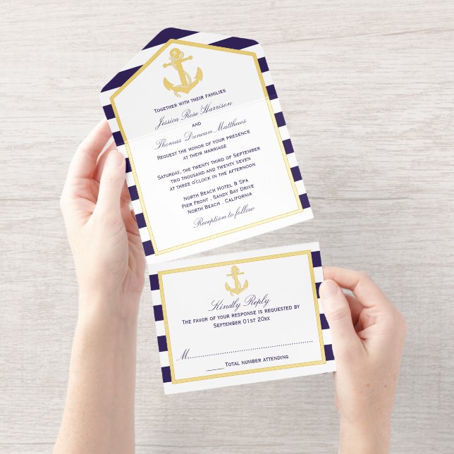 Nautical Anchor Navy Stripe Wedding Real Foil All In One Invitation (Tearaway)