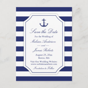 Nautical Anchor Navy Stripe Wedding Save the Date Announcement Postcard