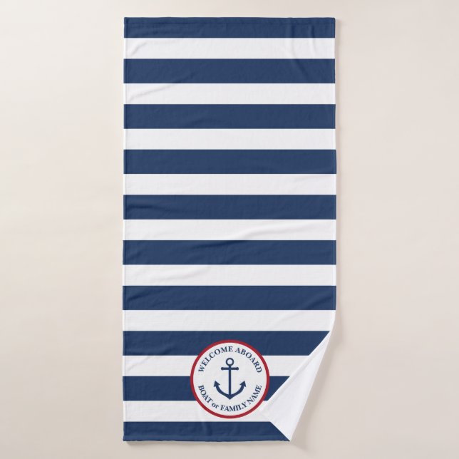 Nautical anchor navy striped personalized towel (Bath Towel)