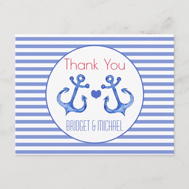 Nautical Anchor Navy Striped | Thank You Postcard (Front)