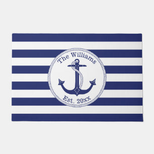 Nautical Anchor Navy Stripes Family Name 24 x 36 Doormat