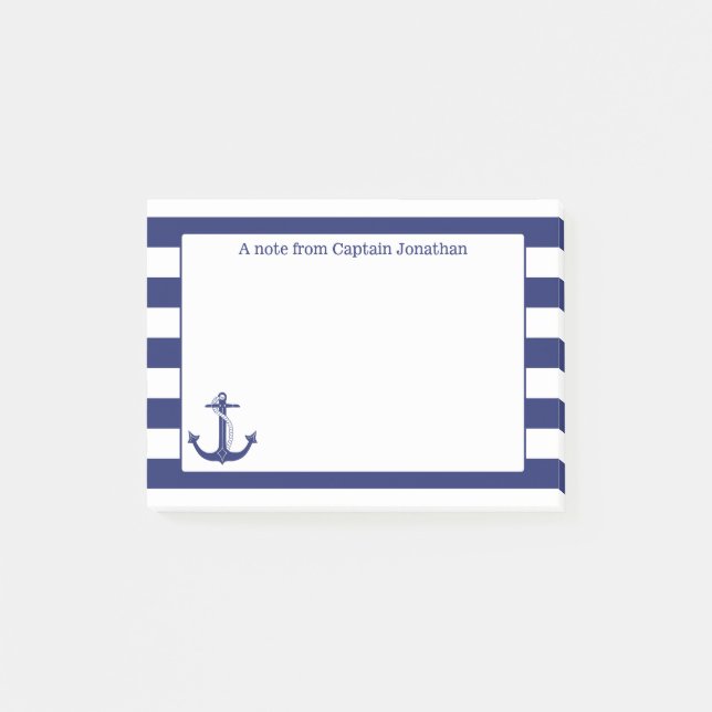 Nautical Anchor Navy Stripes Personalized 4 x 3 Post-it Notes (Front)