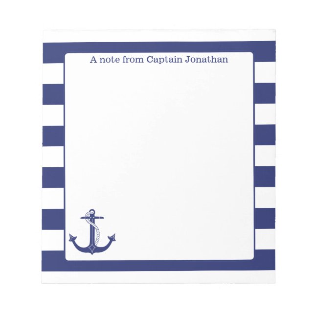 Nautical Anchor Navy Stripes Personalized 5.5 x 6 Notepad (Front)