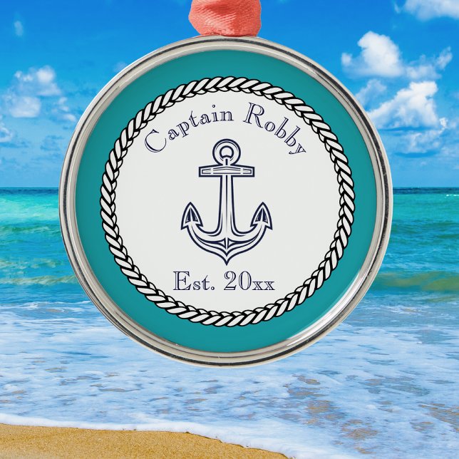 Nautical Anchor Navy Teal Blue White Metal Ornament (Creator Uploaded)