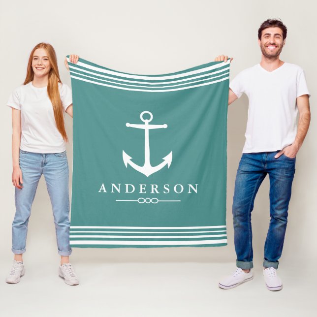 Nautical Anchor Navy Teal & White Stripes Fleece Blanket (In Situ)