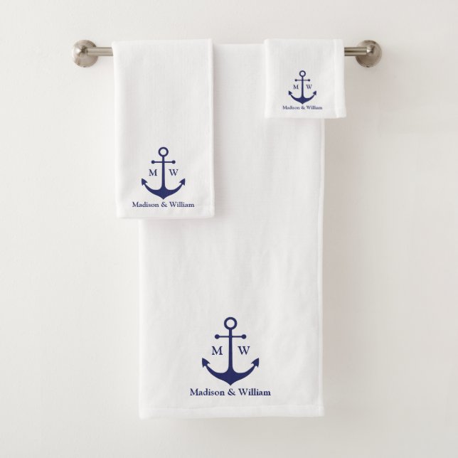 Nautical anchor navy white custom monogram & names bath towel set (Insitu)