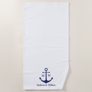 Nautical anchor navy white custom monogram & names beach towel