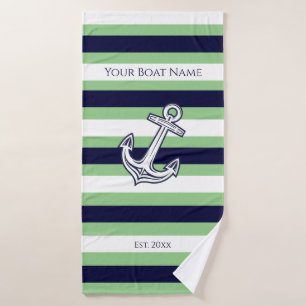 Nautical Anchor Navy White Green Stripe Bath Towel