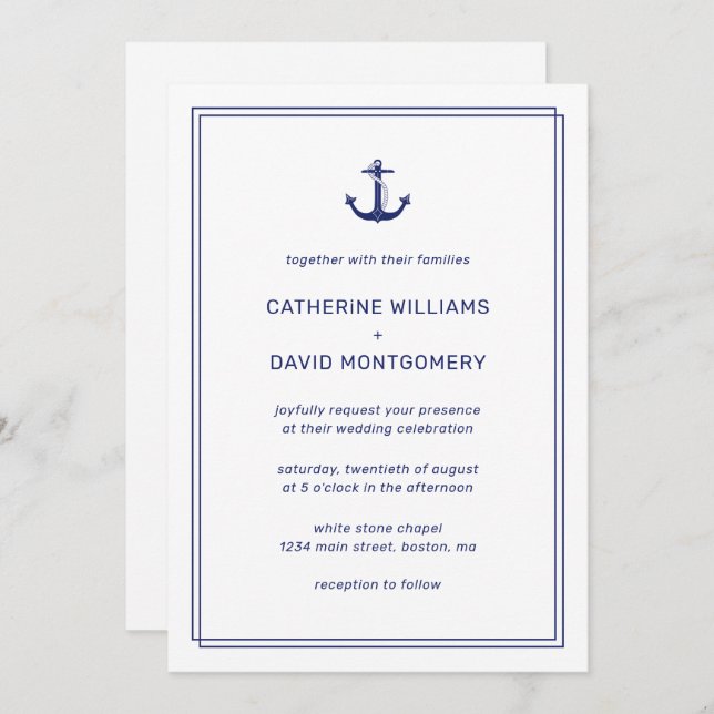 Nautical Anchor Navy & White Minimalist Wedding Invitation (Front/Back)