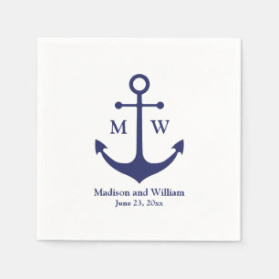 Nautical anchor navy white monogram names date napkin