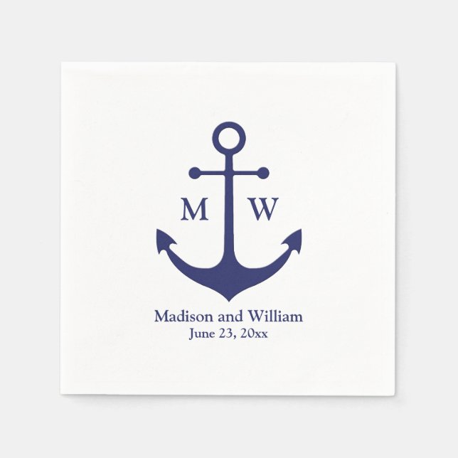 Nautical anchor navy white monogram names date napkin (Front)