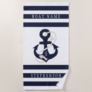 Nautical Anchor Navy White Stripe Monogram Name Beach Towel