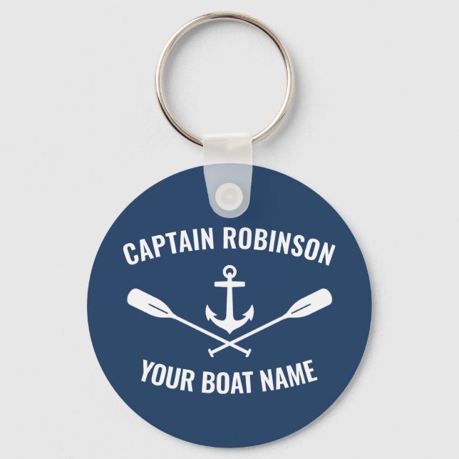 Nautical Anchor Oars Captain and Boat Name Blue Keychain (Front)