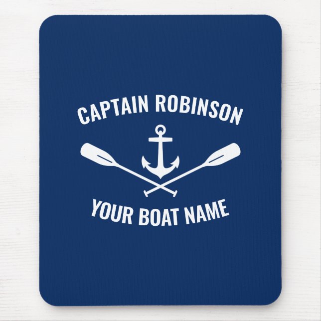 Nautical Anchor Oars Captain and Boat Name Navy Mouse Pad (Front)