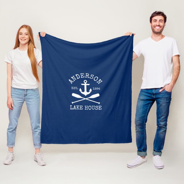Nautical Anchor Oars Navy Blue Family Lake House Fleece Blanket (In Situ)