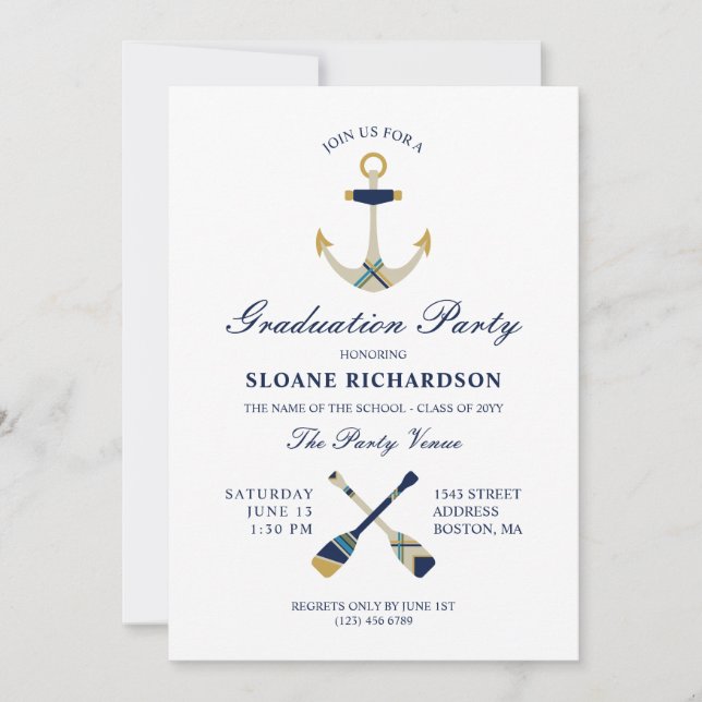 Nautical Anchor & Oars Navy Graduation Party Invitation (Front)