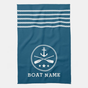 Nautical Anchor Oars Stars Boat Name Aqua Blue Kitchen Towel