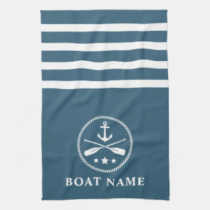 Nautical Anchor Oars Stars Boat Name Blue Gray Kitchen Towel