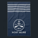 Nautical Anchor Oars Stars Boat Name Sea Blue Kitchen Towel<br><div class="desc">Custom Nautical Anchor with Oars - Paddle and Stars and Your Personalized Boat Name on a Stylish Sea Blue Kitchen Towel with Anchor-Rope Stripes.</div>