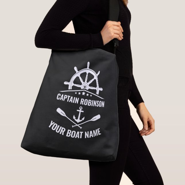 Nautical Anchor Oars Wheel Boat Captain Name Black Crossbody Bag (Close Up)