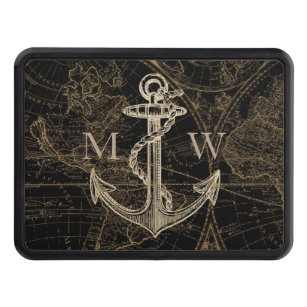 Nautical Anchor Old World Map Monogram Black Trailer Hitch Cover