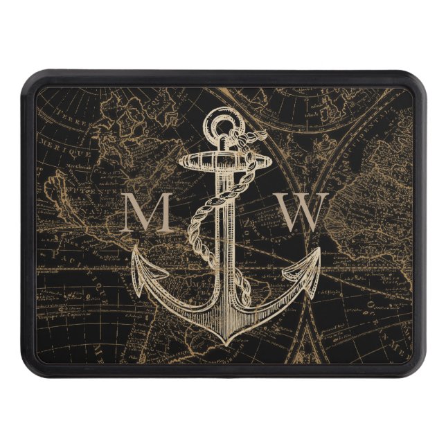 Nautical Anchor Old World Map Monogram Black Trailer Hitch Cover (Front)