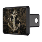 Nautical Anchor Old World Map Monogram Black Trailer Hitch Cover (Left)