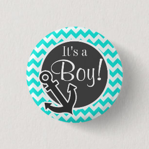 Nautical Anchor on Aqua Colour Chevron 1 Inch Round Button